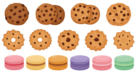 Rows of chocolate chip cookies and colorful macarons on a white background
