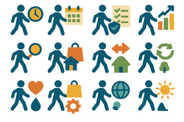 Functional Walk Break Icons. Functional Walk Breaks set of icons in abstract flat : walk break with clock, walk break with calendar, walk break with