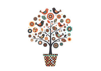Whimsical Folk Art Tree with Birds in a Pot.