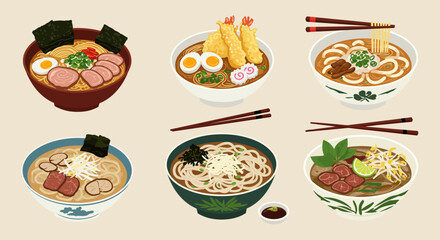 Six bowls of Asian noodle soup dishes arranged in two rows