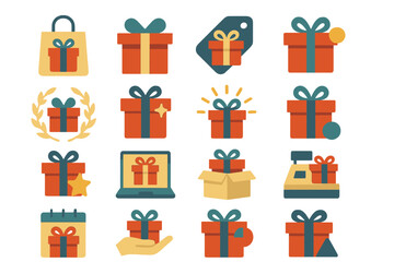 Gift Icons. Retail Wrapped Gifts set of icons in abstract flat : shopping bag with gift, product box gift, sale tag gift, bonus wrapped gift,