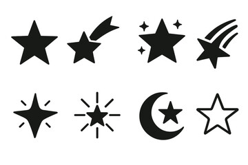 Obraz premium Wishing Stars Icons. Basic Wishing Stars set of icons in abstract flat : classic five-pointed star, glowing star with tail, star with sparkles,