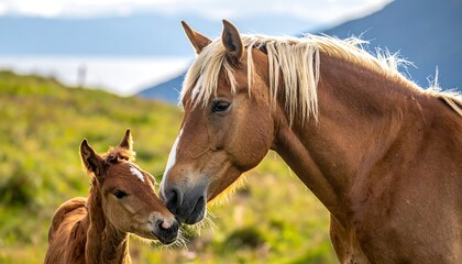 Obraz premium Mother horse and foal in a meadow