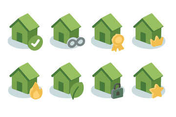 Isometric Eco Icons. Eco Indicators set icons in modern isometric flat : habitat icon with check mark, habitat icon with infinity, habitat icon with