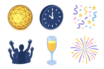 New year celebration neon icon set. featuring ball drop, clock, confetti, party, champagne, fireworks