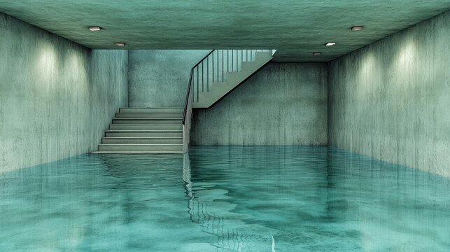 Flooded basement room with concrete stairs and metal railing