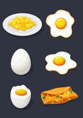 Six illustrations of various egg preparations on a dark background
