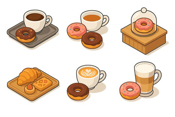 Caf&eacute; Icon Set. Caf&eacute; Style set icons in modern isometric flat : tray with coffee and doughnuts, doughnuts with tea cup, caf&eacute; counter tray, artisan
