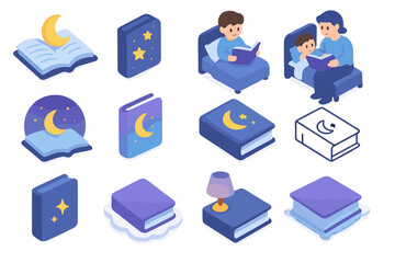 Bedtime Story Icons. Bedtime Story Variations set icons in modern isometric flat : open book with moon, book with stars, child reading in bed, parent