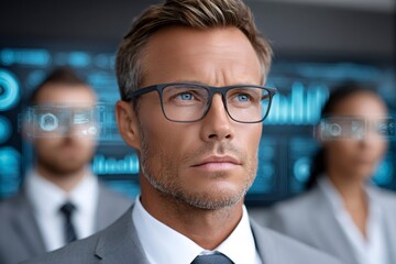 Business executive wearing smart glasses seeing augmented reality data