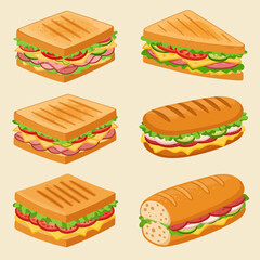 Six isometric illustrations of grilled and submarine sandwiches on a light background
