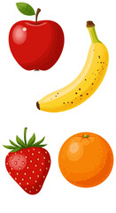 Stylized illustration of an apple banana strawberry and orange on white