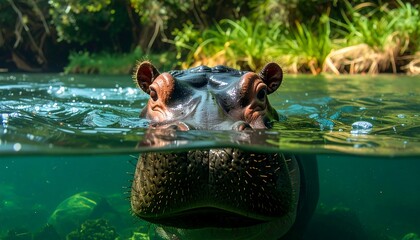 Hippo peeks above water in river, foliage behind. Underwater rocks are visible