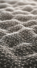 Abstract grayscale image of interconnected nodes forming a wavy surface, suggesting network, connection, or data flow, ideal for technology or science concepts