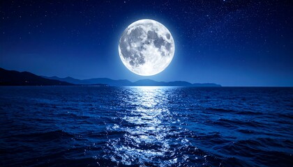 Full moon over calm ocean at night, mountains in the distance