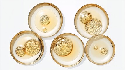 Five ornate golden objects with intricate patterns displayed in circular holders against a white background.