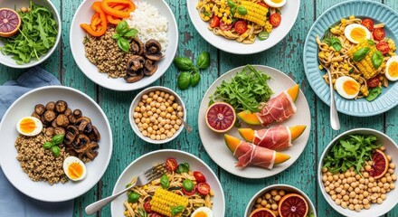 Vibrant Overhead Shot of Diverse Healthy Bowls on Distressed Turquoise Wood