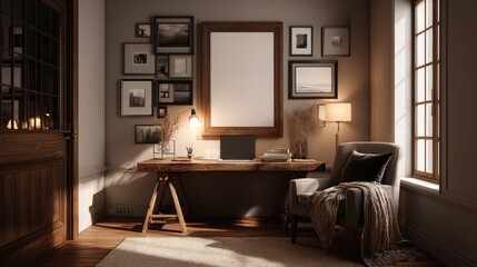 Desk and armchair by window in room