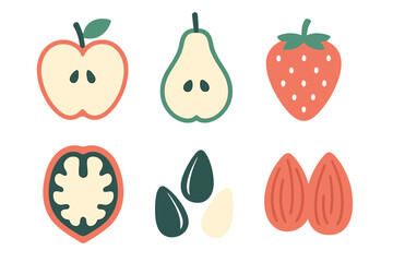 Colorful and simple illustrations of fruits and nuts on a clean background showcasing healthy eating options and snack ideas