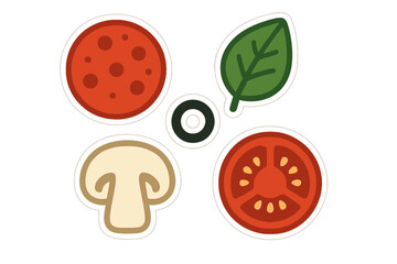 Obraz premium Various pizza toppings including pepperoni, mushrooms, tomato, and basil leaf in a colorful design