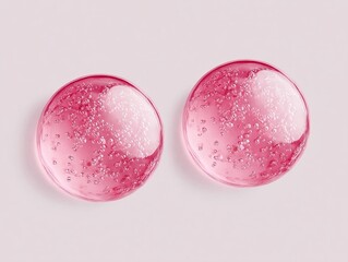 Two translucent pink gel-like spheres with embedded bubbles, captured in a minimalist studio setting.