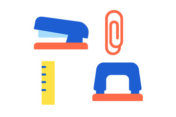 Colorful stationery tools including a stapler, paper clip, ruler, and hole punch displayed on a bright background