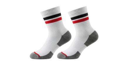 Pair of white sport socks with red and black stripes isolated PNG with Transparent Background