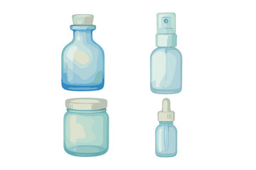 Naklejka premium Various clear blue bottles for cosmetics and skincare on white background ready for use in personal care routines