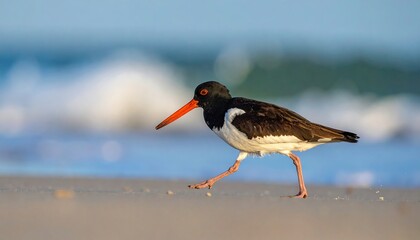 A shorebird with striking plumage strides along a sandy beach, the ocean in the background. Sunlight bathes the scene