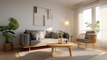 Living Room with Gray Sofa, Wooden Furniture, and Natural Light