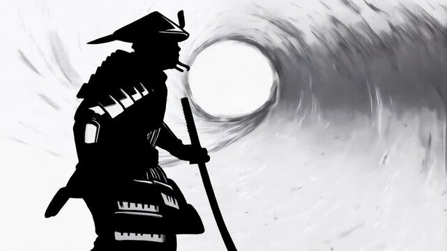 Samurai warrior in silhouette against a swirling vortex