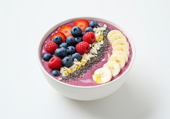 Healthy smoothie bowl with fresh berries and banana isolated on white background