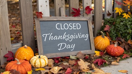 Chalkboard closed thanksgiving day sign with pumpkins