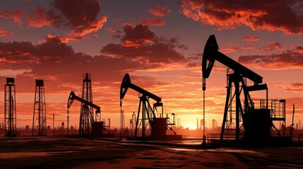 Naklejka premium Oil Rigs Silhouetted Against Sunset Sky