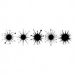 A row of five black ink splatters with varying designs and shapes on a plain white background design art