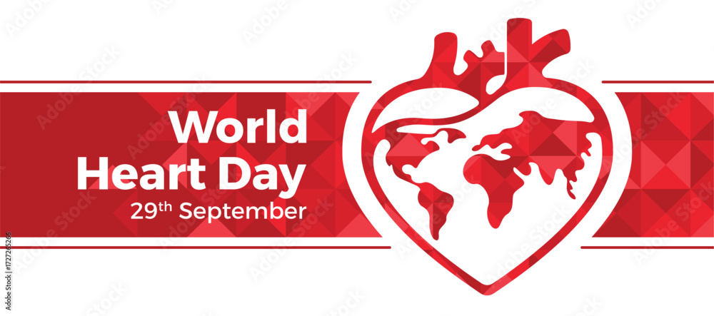 Poster world heart day - line heartbeat wave and heart with globe world sign on red background vector desig