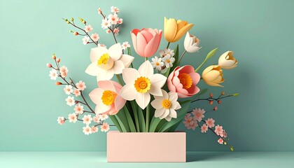 Pastel blooms in vase on a serene backdrop, featuring tulips, daffodils, and cherry blossoms