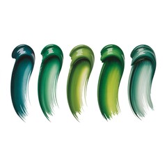 Five green paint strokes of varying shades arranged in a row on a white background studio shot