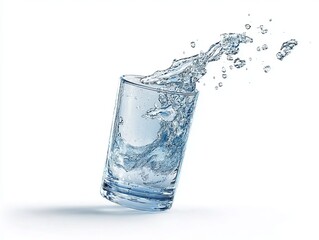 A dynamic splash of water erupts from a tilted glass, capturing the fluid motion and clarity against a stark white background.