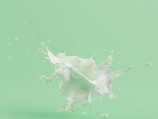 Dynamic splash of liquid captured mid-air against a soft green background, showcasing fluid motion and texture.