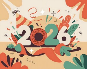 Happy new year 2026 colorful party poster with bold 2026 typography, fireworks, balloons and confetti and countdown motifs for social banners, event promotion, invitations, greeting cards and print