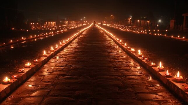 Pathway illuminated by oil lamps during Karthika Deepam in a serene Indian village at night