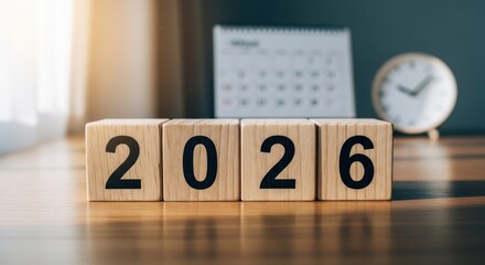 Wooden blocks spelling '2026' on a table, with clock & calendar background