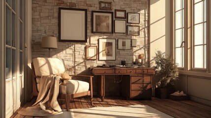 Sunlit room with stone wall, wooden desk, and armchair