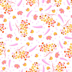 Seamless pattern with berries, flowers and dots on a white background. Rowan berries in yellow and pink colors. Cute autumn pattern. 