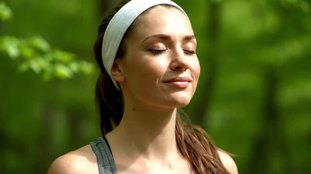 a young person breathing, inhaling, and exhaling outdoors with a garden background.