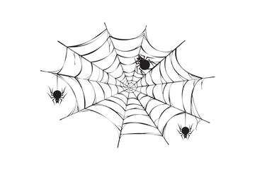 Spider web vector illustration with hanging spider on white background for spooky invitation, creepy banner, horror party flyer, or seasonal decoration template.