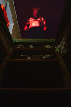 Pig masked figure in horror costume standing above basement staircase