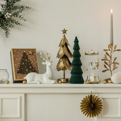 Festive cabinet styling with white reindeer, golden candle holder, Christmas tree decor, ornaments, and glowing holiday lights.