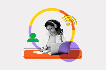 Full poster trendy collage photo of happy businesswoman sit workplace listen music headphones wifi surf laptop hold coffee cup